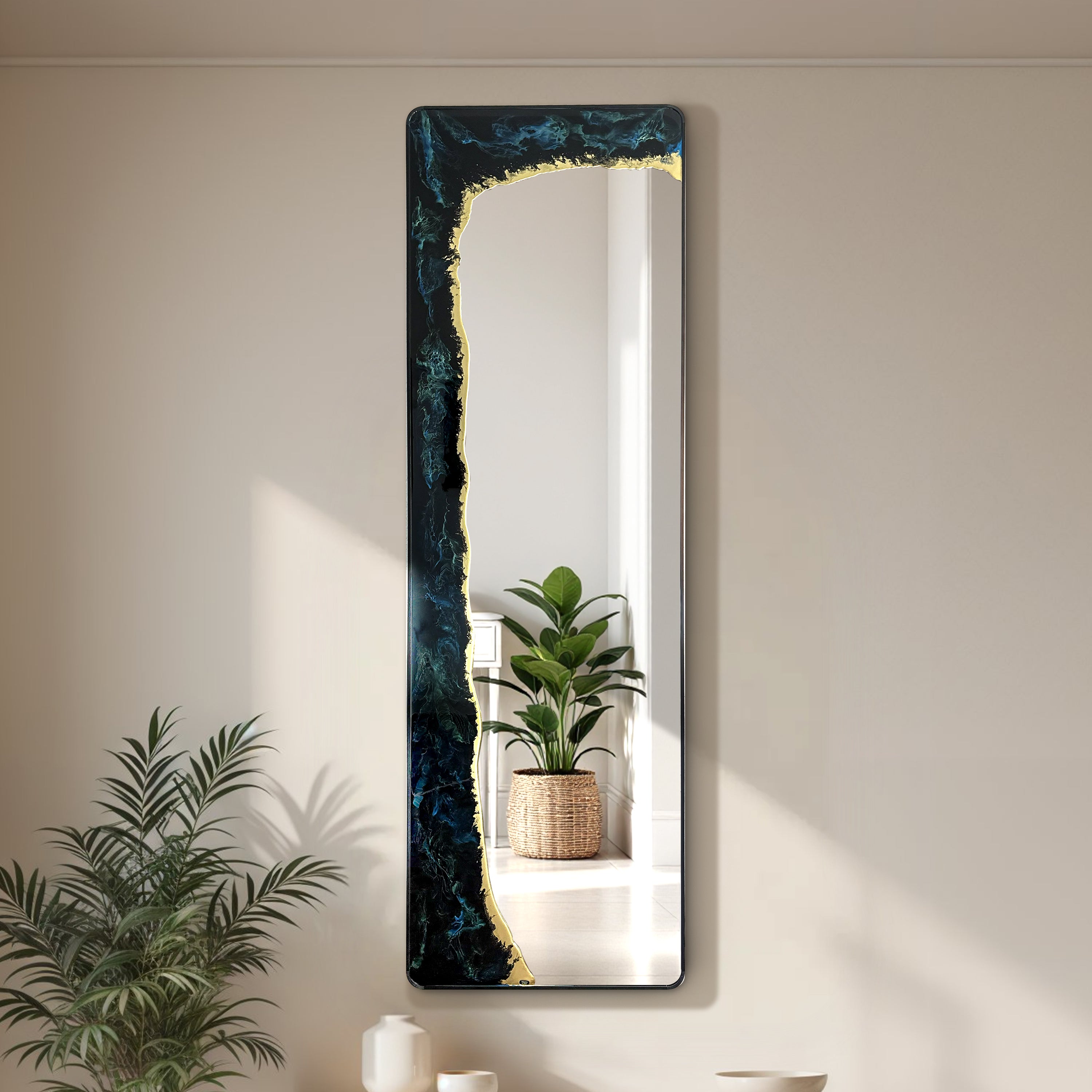 Eclipse Tide – Deep Blue Gold Full-Length Wall Décor Mirror