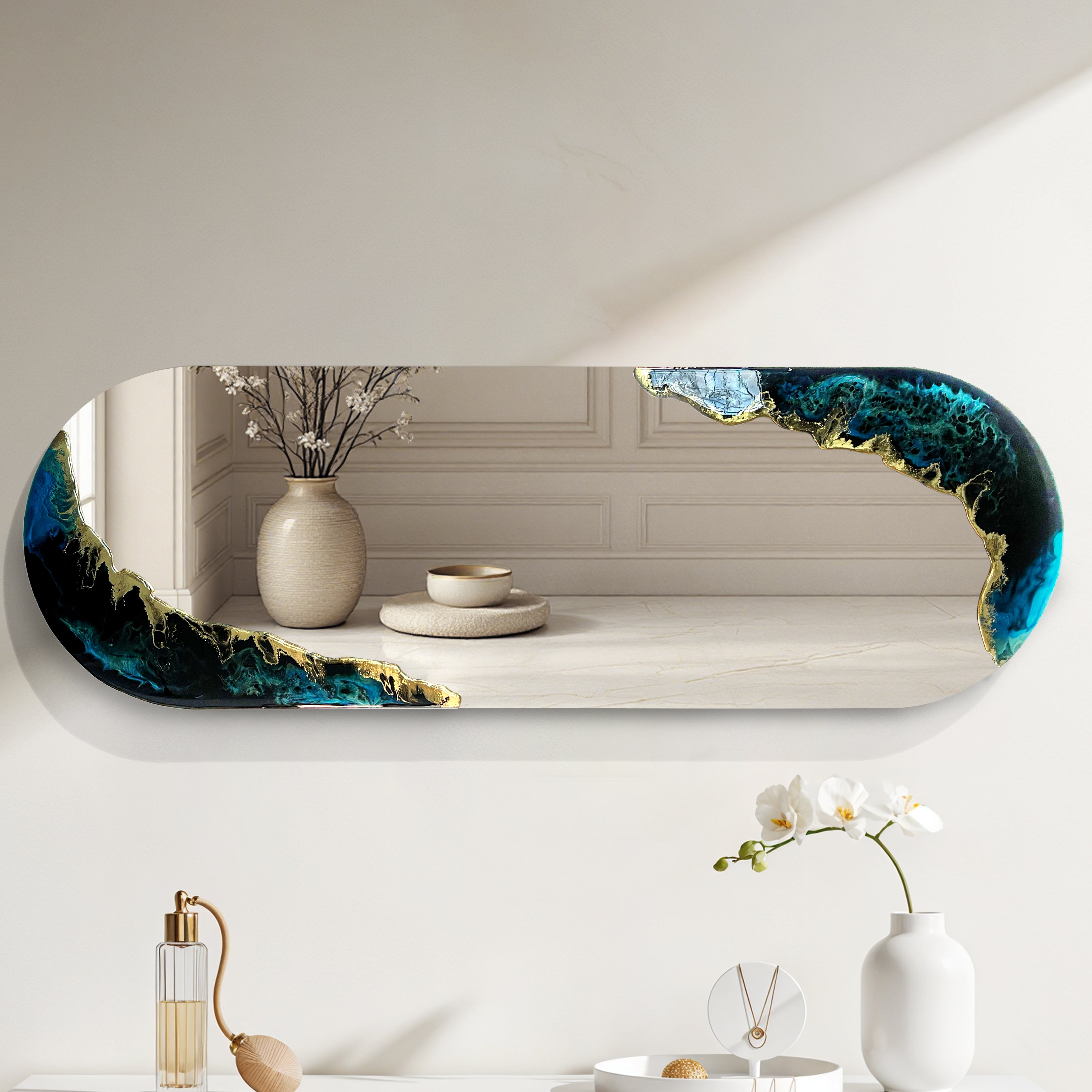 Tidal Horizon – Deep Blue Gold Wall Décor Mirror